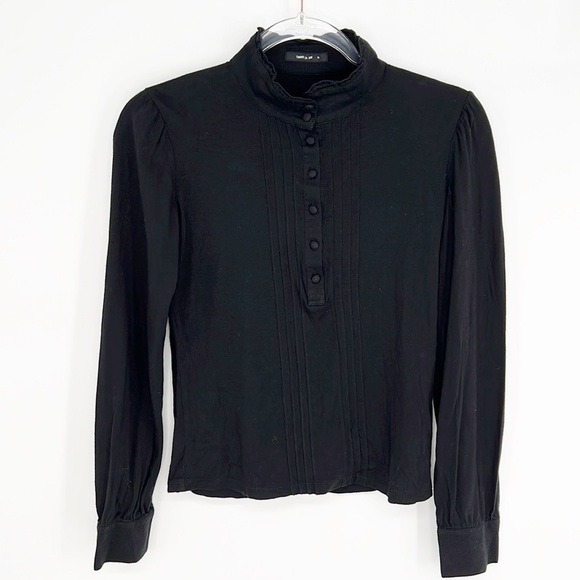 Comme Ca Ism Black Ruffle Neck Pintuck Top Size Medium - Picture 1 of 8
